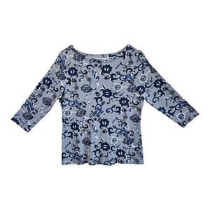 CHICO'S 1 Women's 8 10 Top Paisley Gray Blue 3/4 Sleeve Cotton Bust 36"